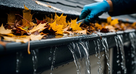 Gutter Worker Clearing Clogged Gutter Overflowing with Water and Autumn Leaves During Seasonal Home Maintenance