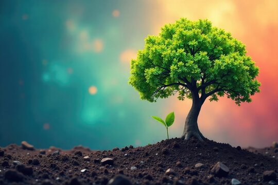 A vibrant, abstract image depicting a seed sprouting into a large, flourishing tree, symbolizing growth, adaptation, and the life cycle of a successful business , company, market, opportunity
