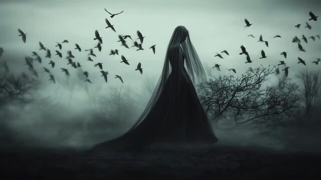 Dark and eerie scene depicts a mysterious woman in a long black dress and veil, walking slowly through a foggy landscape as a flock of crows flies around her, creating a gothic horror atmosphere