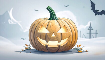 Glowing jack-o'-lantern in snowy Halloween scene