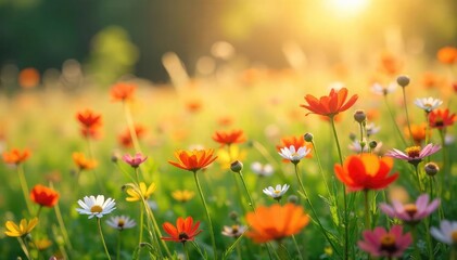 Naklejka premium A vibrant field of wildflowers swaying gently in a warm spring breeze, sunlight dappling through the petals Perfect for themes of freedom, joy, and the beauty of nature's renewal , petal, yellow