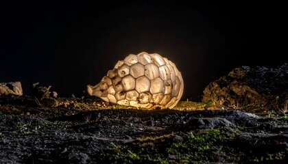 Illuminated, spherical, organic form rests on dark earth.  Light emanates from within its intricate, honeycomb-like structure.  Surrounded by rocks and sparse vegetation