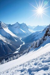 Fototapeta premium Stunning panoramic view of pristine snow-covered mountains, perfect for skiing Sun shines brightly on the glistening slopes, a winter wonderland scene , scenic, descent