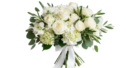 Elegant bridal bouquet with white roses and hydrangeas isolated PNG with Transparent Background