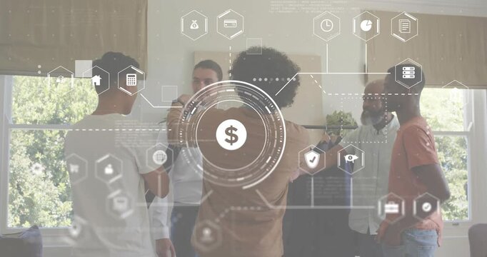 Presenter selecting jacket, animating AR dollar metrics, colleagues nodding in retail tech demo