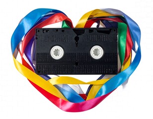Colorful ribbons form a heart around a VHS tape