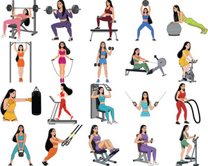 Flat vector illustration of fitness women doing various gym workouts, strength training, and cardio exercises. Perfect for health, sport, and lifestyle design projects.