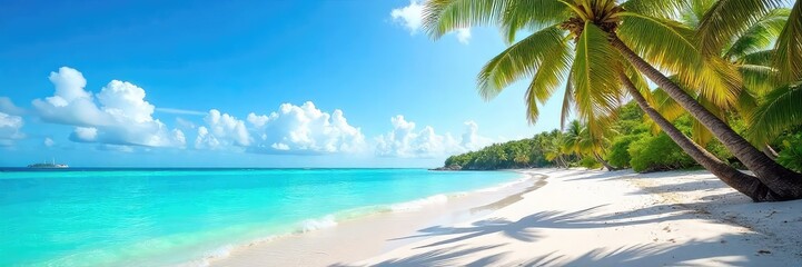 Obraz premium Sun-drenched Grenadine beach, turquoise water laps gently at the white sand shore, palm trees sway in the tropical breeze A perfect paradise scene, untouched and serene , stunning, water, sun