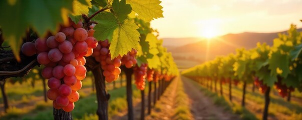 Sun-drenched rows of ripening grapes hang heavy on the vine, ready for harvest at a picturesque winery  Golden sunlight bathes the landscape in warmth ,  wine,  vineyard view,  vine leaves