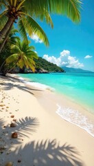 Obraz premium Sun-drenched sand, turquoise waves gently lapping the shore, seashells scattered along the tideline A perfect postcard scene of tropical paradise, evoking relaxation and escape , summer, sand