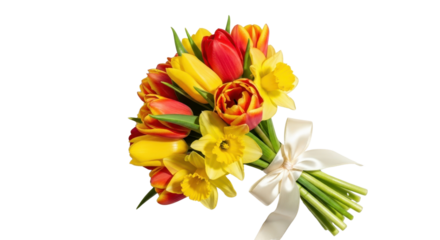 Bouquet of yellow and red tulips with daffodils tied with ribbon isolated PNG with Transparent Background
