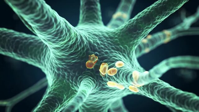 A detailed 3D animation showing a neuron firing and transmitting signals through synaptic vesicles illustrating the complex process of neurotransmission within the human brains neural network.
