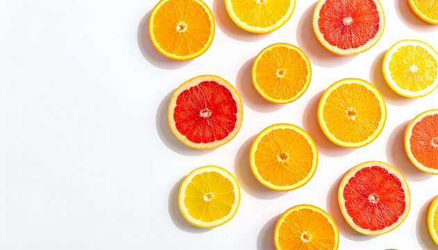 Colorful flat lay of fresh sliced citrus fruits including oranges, lemons, and red grapefruits scattered on a bright white background with copy space