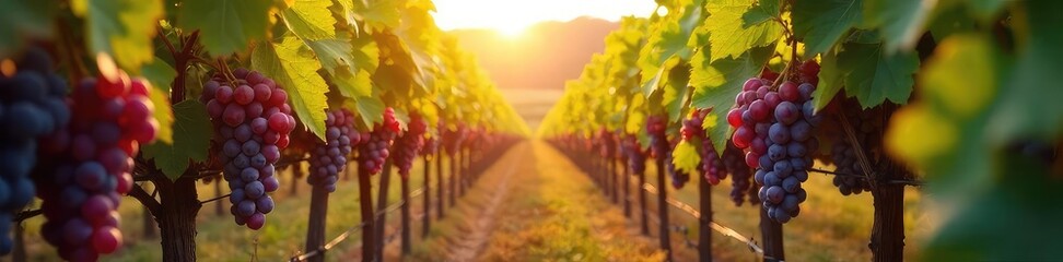 Sunlight streams through vineyard rows as ripe bunches of grapes hang heavy on the vines, ready for harvest A scene of autumn abundance and the promise of wine , farming, shadows, landscape