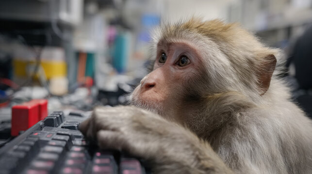 Focused monkey examining computer keyboard in a tech environment, carefully interacting with the keys and surrounded by various gadgets and devices.