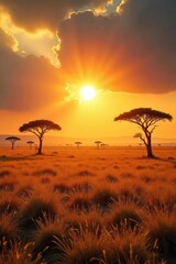 Vast, sun-drenched African savanna stretching to the horizon, dry grass, acacia trees, dramatic sky Perfect for travel, nature, and wildlife documentaries , nature, texture, untamed
