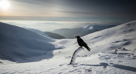 A solitary crow perches atop a snow-covered branch, overlooking a vast expanse of snowy mountain peaks bathed in muted morning light.