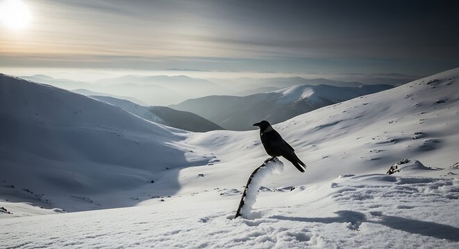 A solitary crow perches atop a snow-covered branch, overlooking a vast expanse of snowy mountain peaks bathed in muted morning light. - Powered by Adobe