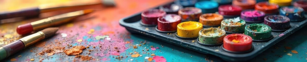 Vibrant assortment of colorful paint tubes, brushes, and a palette, ready for artistic creation Perfect for DIY projects, art supplies, and creative expression , brushstrokes, DIY, painting