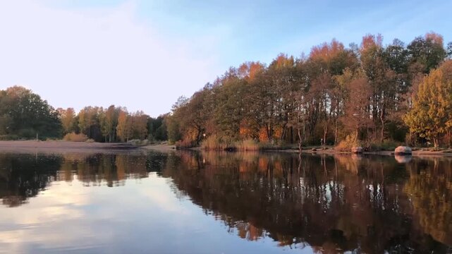 autumn river landscape, evening, golden hour