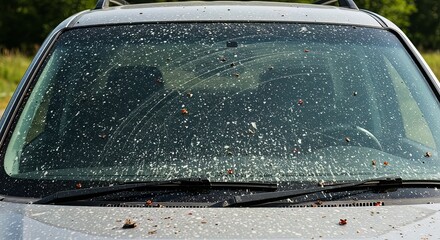 Dirty windshield of car covered in pollen and debris needs cleaning badly