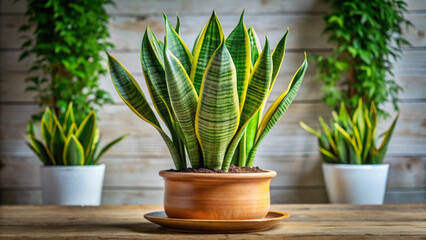 Fototapeta premium Three potted snake plants with yellow stripes on a wooden surface