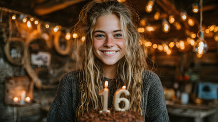 A girl holding a birthday cake with candles forming the number 16 and celebrating her 16th birthday