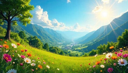 Fototapeta premium Vibrant summer scene featuring sun-drenched landscapes, lush greenery, and a feeling of carefree warmth Perfect for travel, vacation, and summer-themed projects , vibrant, growth