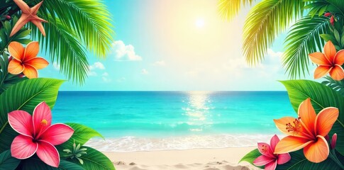 Vibrant summer holiday flyer design featuring tropical leaves, exotic flowers, and a sun-drenched beach scene, ideal for travel agencies, resorts, and vacation promotions , agency, ocean, marketing