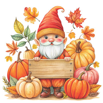 gnome with long white beard wearing an orange hat decorated with pumpkins clipart watercolor white background