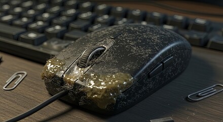 Gross dirty computer mouse covered in sticky grime and debris on wooden desk