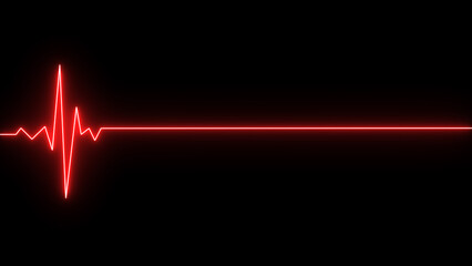 A vibrant red neon heartbeat electrocardiogram line pulsates across a black background, symbolizing life, health, emergency, and advanced medical technology, isolated on black background.