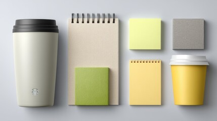 Beige Tumbler with Black Lid Next to Sticky Notes and Notepad on Gray Backdrop Flat Lay