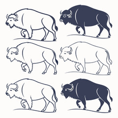 Collection of six stylized illustrations of american bison or buffalo in profile view presented in both outline and silhouette forms walking on a plain background