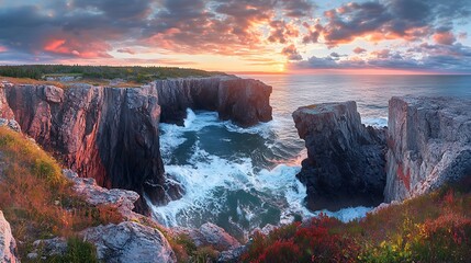 Breathtaking sunset over dramatic coastal cliffs with crashing waves for panoramic view of stunning natural landscape nature scenery concept