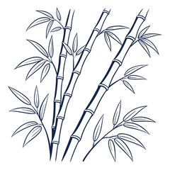Naklejka premium Elegant hand drawn outline illustration of bamboo stalks and leaves in a simple dark blue line art style on a white background