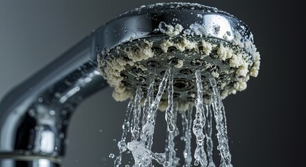 Clogged showerhead with hard water buildup and weak water flow