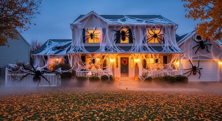 A house is decorated for Halloween with spider webs and giant spiders covering its facade Leaves scattered across the yard