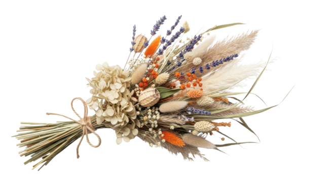 Dry floral arrangement with hydrangea, lavender, and grasses isolated PNG with Transparent Background
