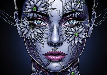 Floral cyborg futuristic portrait blending organic beauty with technological advancement illustrating the harmony