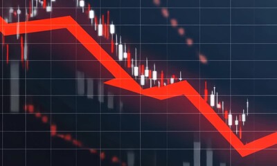 Red Downward Arrow Overlaying Stock Market Candlestick Chart Showing Decline Keywords: stock market, chart, graph - Powered by Adobe