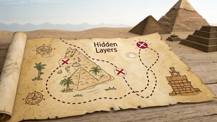 Ancient treasure map with pyramids and hidden layers in a desert landscape showcasing adventure and exploration themes
