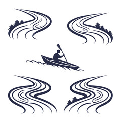 Stylized dark blue silhouette of a person kayaking on a river surrounded by abstract water patterns and pine trees representing outdoor adventure and nature
