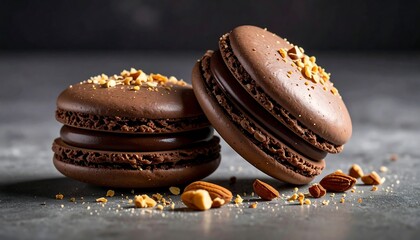 Two chocolate macarons on a gray surface