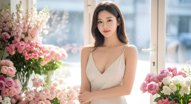 Romantic Backlit Portrait of a Beautiful Asian Woman Surrounded by Flowers in a Sunlit Room