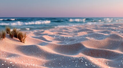 Beach Sand Texture with Blurred Ocean Waves and Horizon in Soft Sunset Light