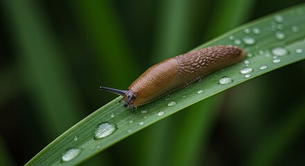 Brown slug crawling on a wet green leaf with morning dew drops glistening