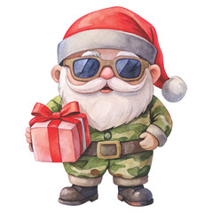 Santa Claus wearing a camouflage military hat black sunglasses holding a colorful gift box clipart watercolor white background
