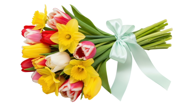 Bouquet of colorful tulips and daffodils with ribbon on white background