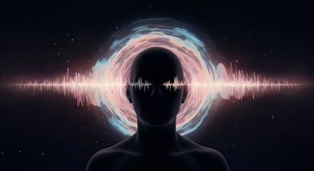 Mindful meditation with sound wave visualization in cosmic nebula